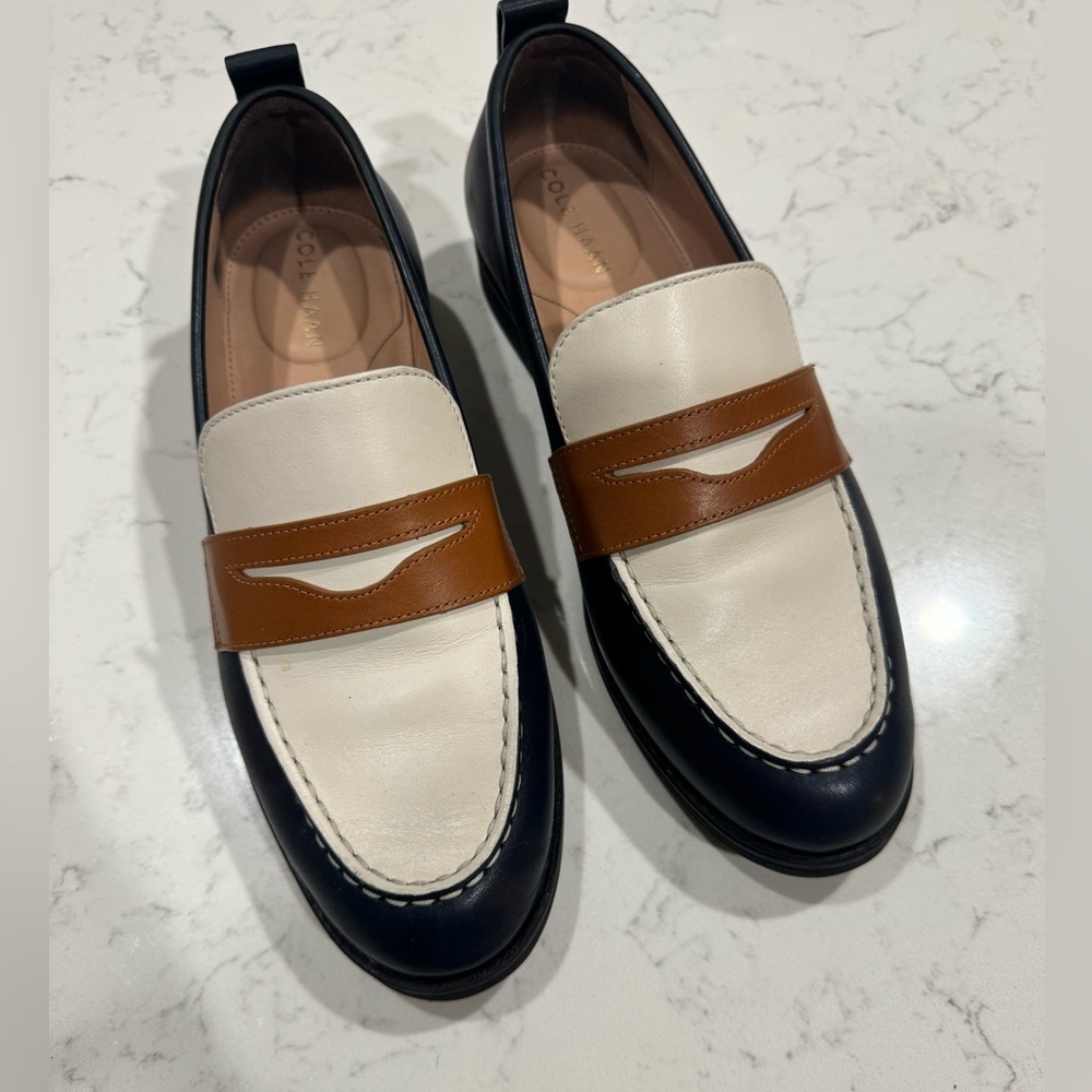 Women’s Two-Tone Leather Loafers in Navy, White & Tan